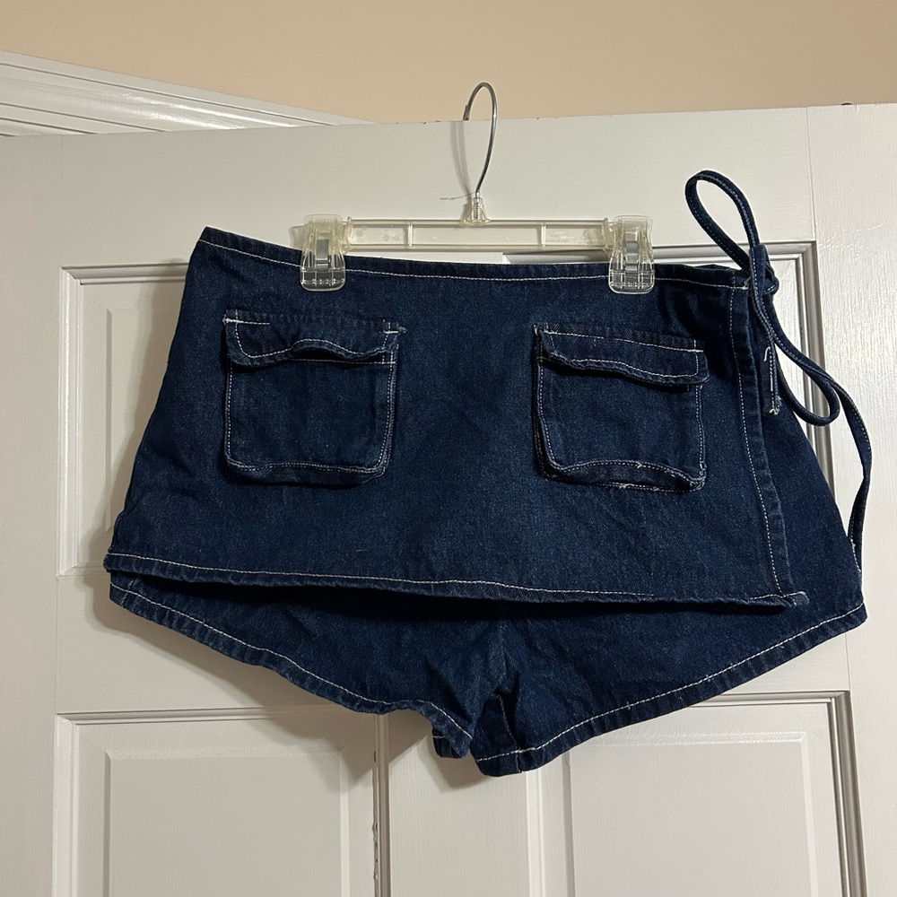 Dark Blue Denim Wrap Skort with Pocket Details